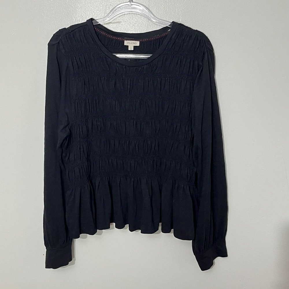 Pilcro Smocked Peplum Top Women XL Black Long Sleeve Cotton Blouse